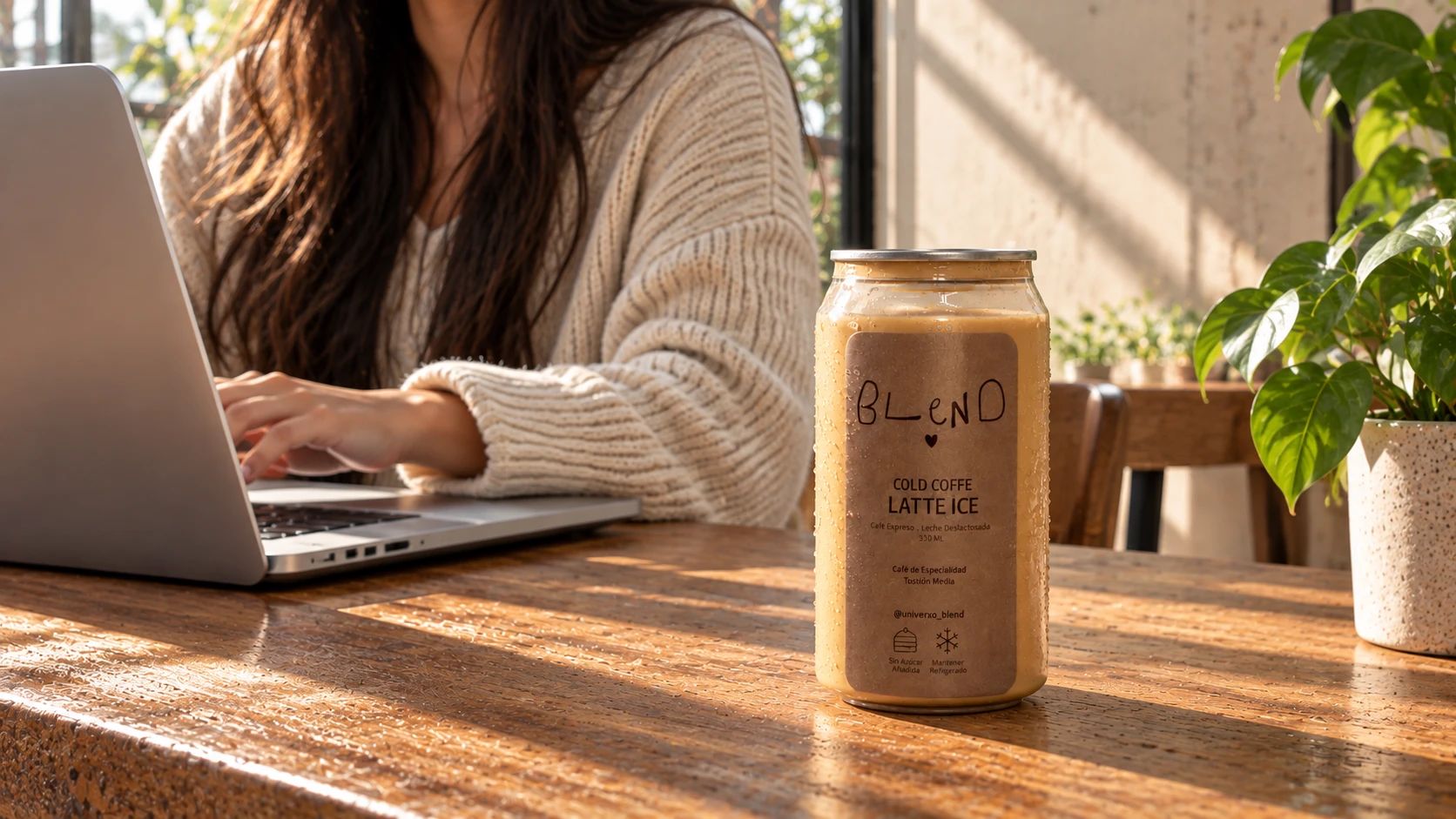 Una persona trabaja en su portátil con una lata de Latte Ice sobre la mesa