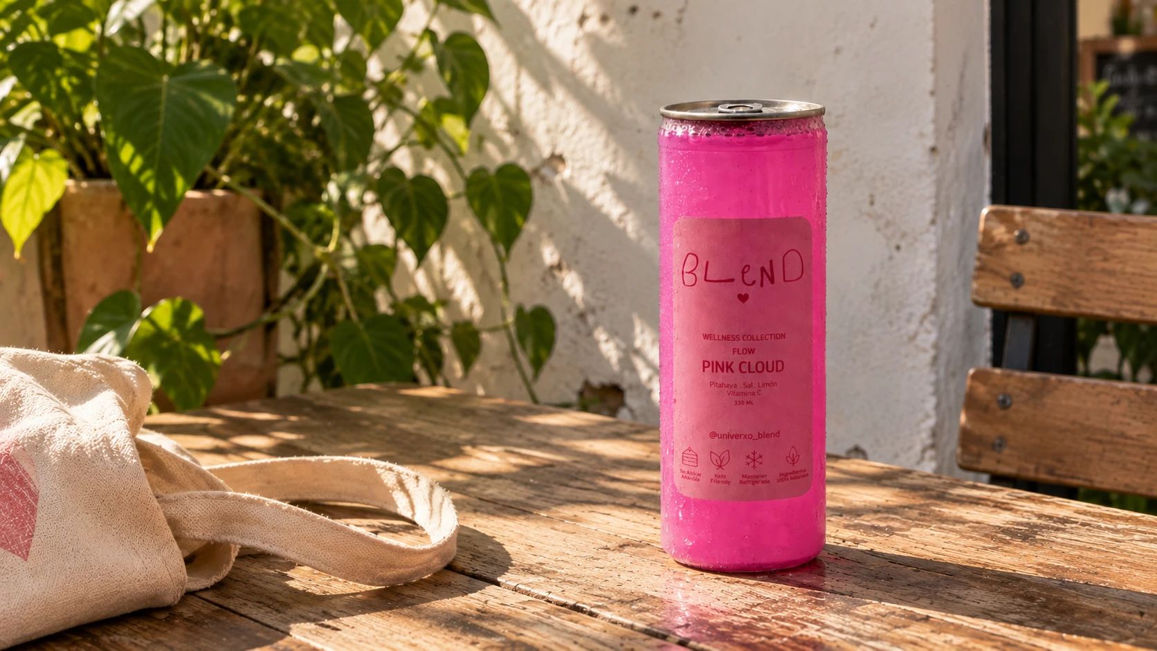 Lata de Pink Cloud sobre una mesa de madera en una terraza con plantas