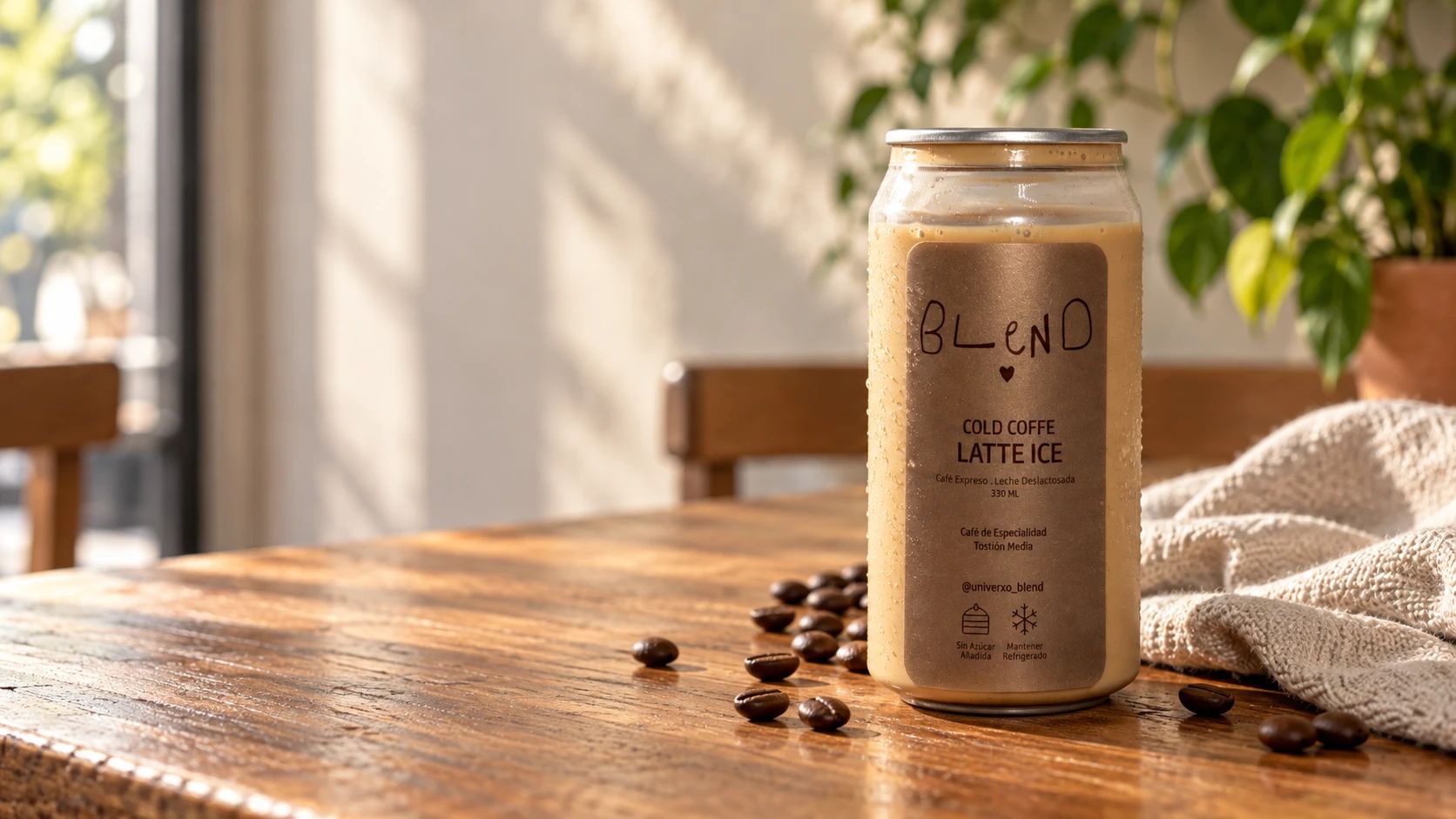 Lata de Latte Ice sobre una mesa de madera con granos de café y luz de ventana