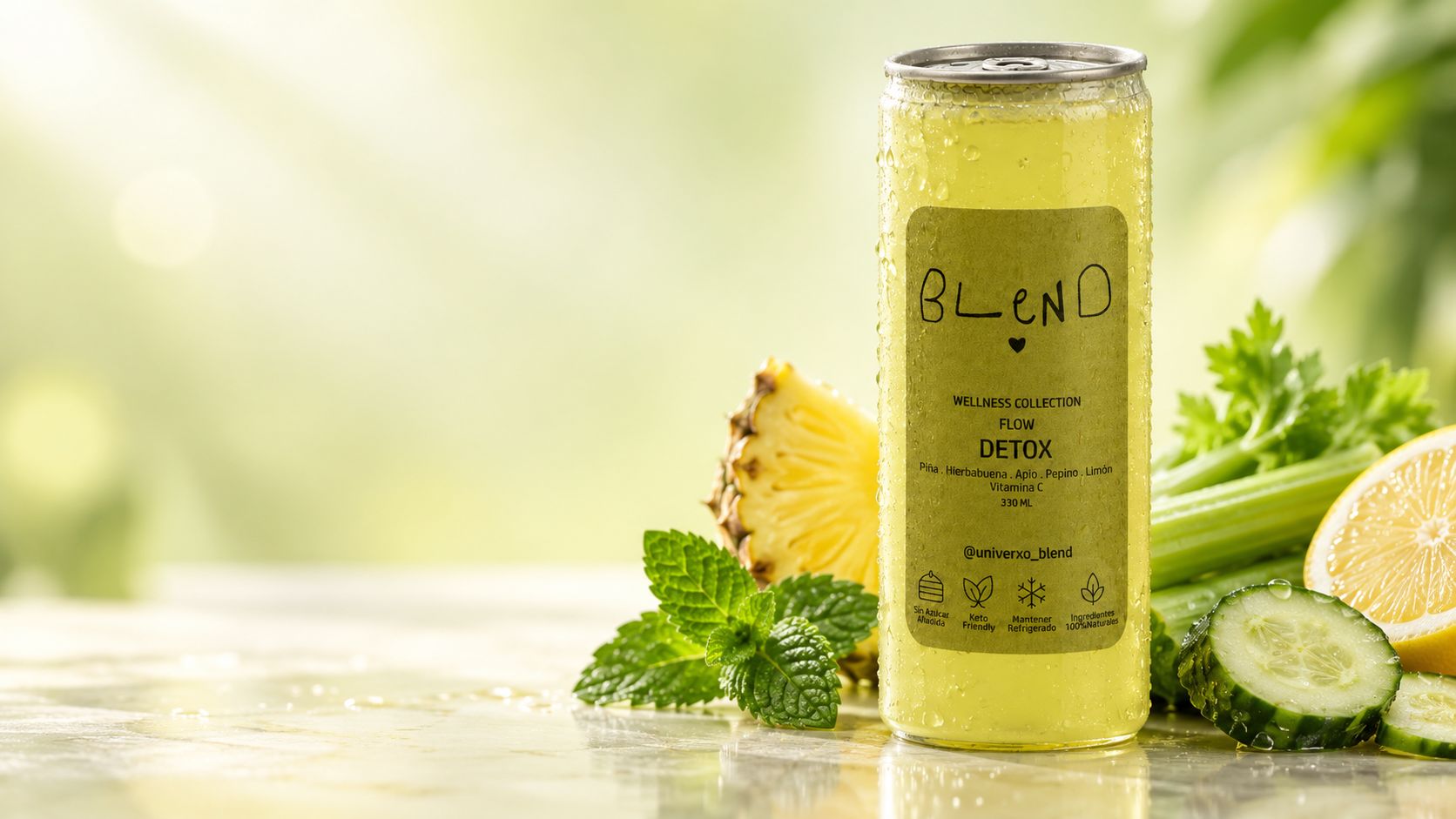 Lata de Detox rodeada de piña, hierbabuena, apio, pepino y limón