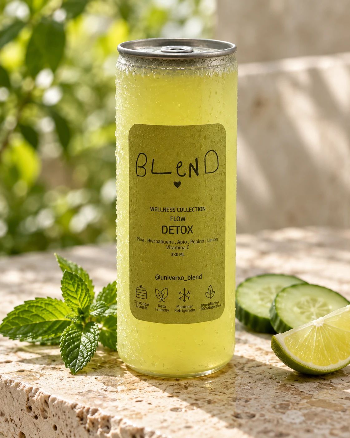 Lata de Detox sobre travertino al sol, junto a hierbabuena, pepino y lima