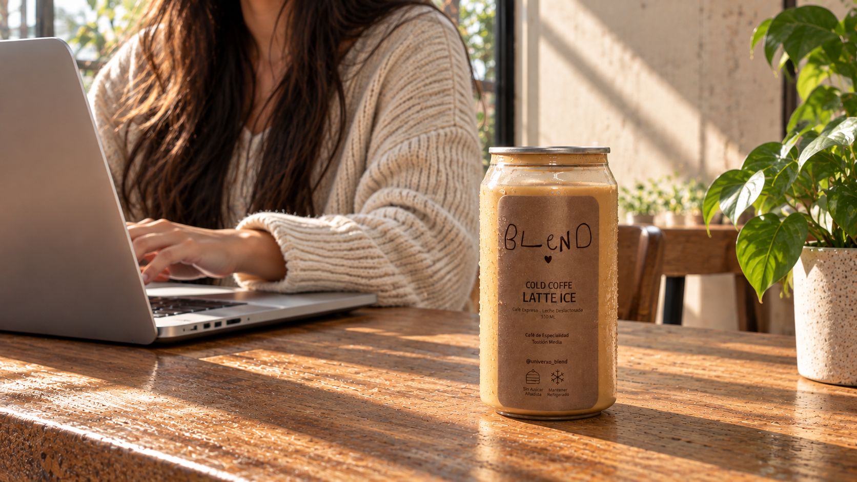 Una persona trabaja en su portátil con una lata de Latte Ice sobre la mesa