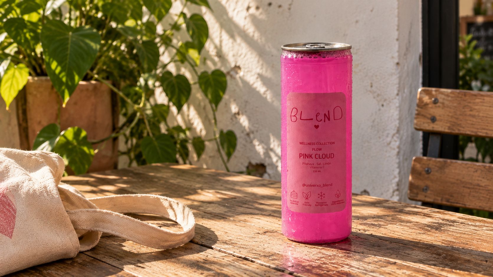 Una lata de Pink Cloud sobre una mesa de madera en una terraza con plantas